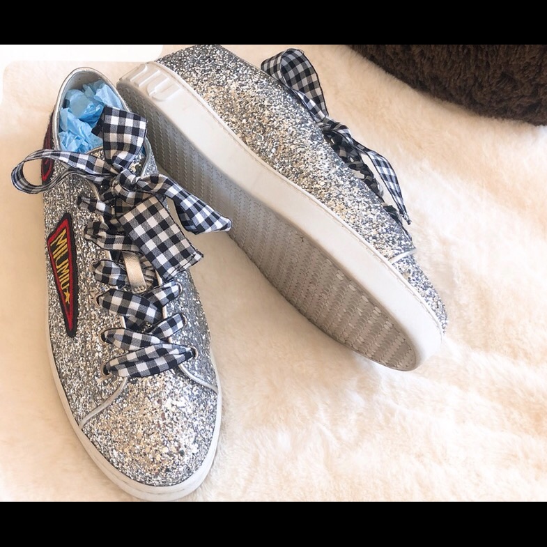 Miu Miu Silver Glitter Sneakers Logo Embroidered